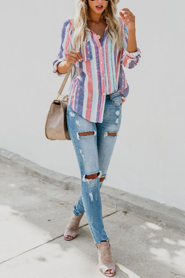 Turn Down Collar  Single Breasted  Striped  Blouses1