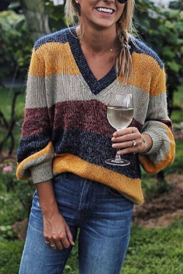 V Neck  Loose Fitting  Striped Sweater