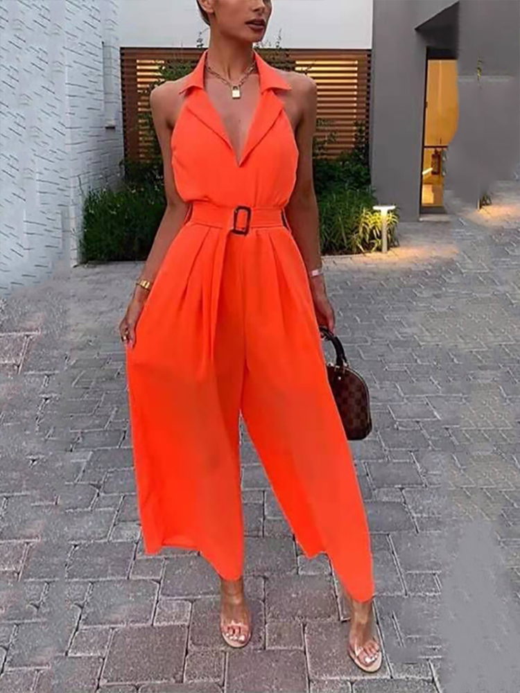 women's commuting asymmetry sleeve pure colour jumpsuit