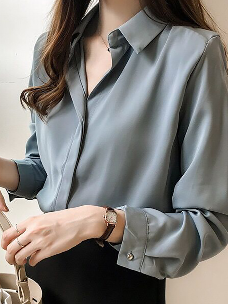 Fashion Long Sleeve V Neck Pure Colour Chiffon Shirt10