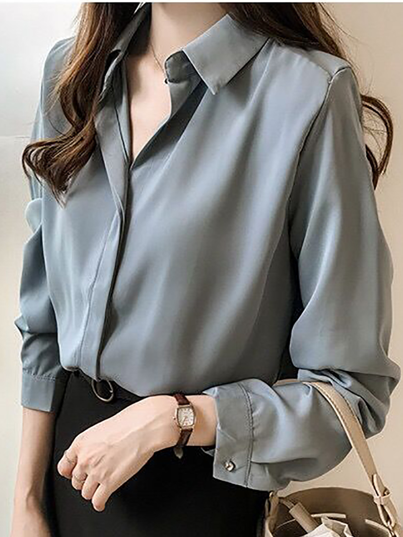 Fashion Long Sleeve V Neck Pure Colour Chiffon Shirt11