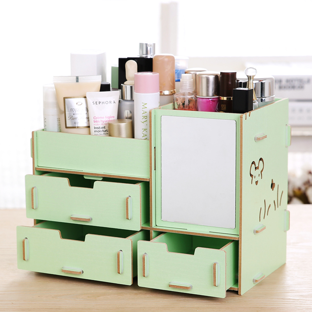 Wooden Desktop Makeup Storage Box With Mirror 4 Drawers