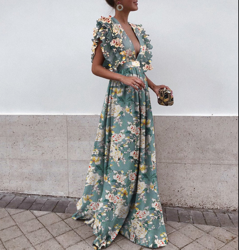 sexy deep v collar embroidery floral printed fishtail maxi dress