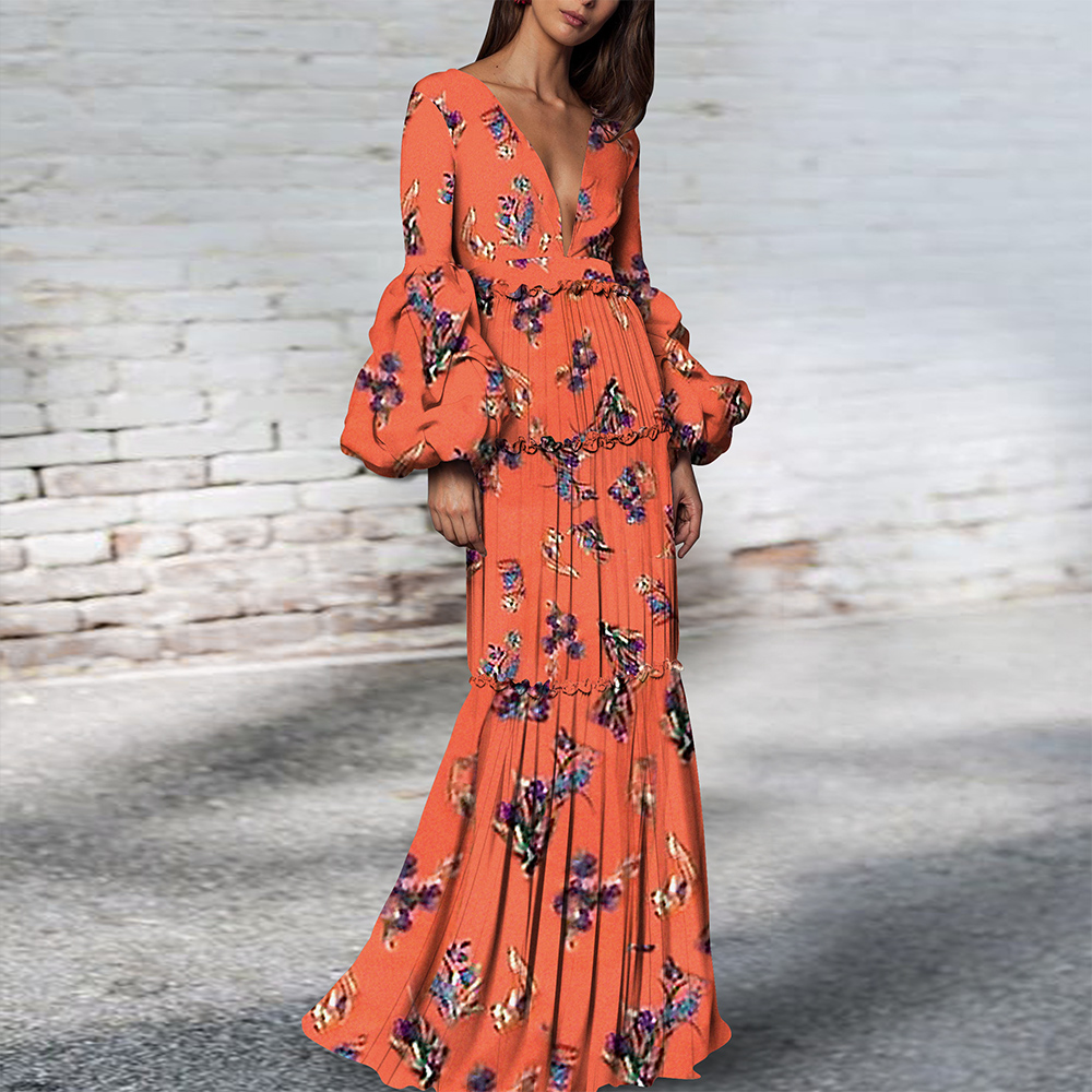 sexy v collar floral printed slit maxi dress