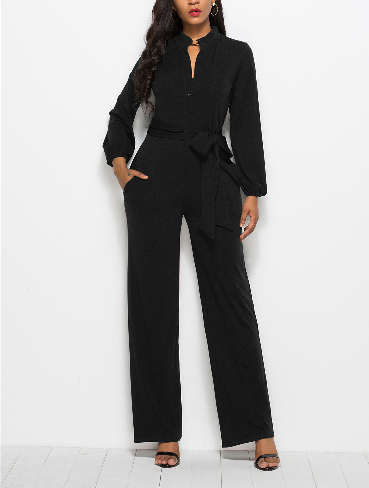 Fashion Solid Color Long-Sleeved Wide-Legged Jumpsuit