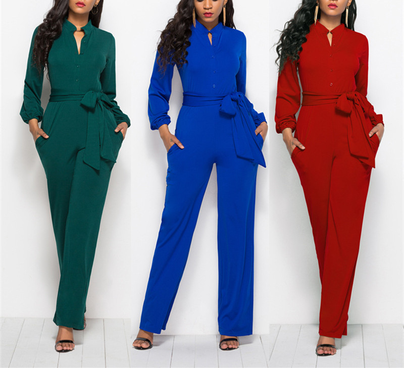 Fashion Solid Color Long-Sleeved Wide-Legged Jumpsuit2