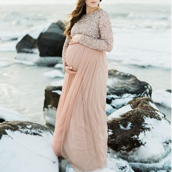 Maternity Long Sleeve Party Dress Gown Sequins Baby Shower Dress