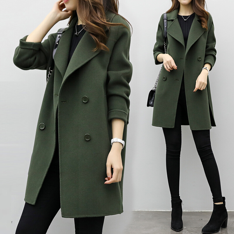 Pure Color Medium Long   Double Breasted Woolen Coat1