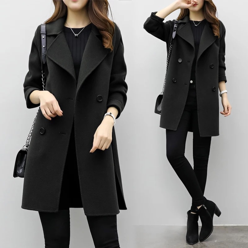 Pure Color Medium Long   Double Breasted Woolen Coat2