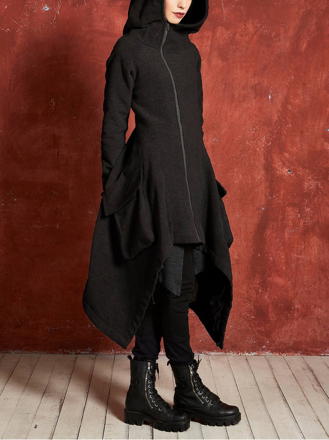 Fashion Personality Irregular Long Hooded Sweater Trench Coat2