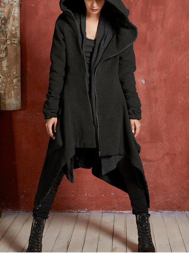 Fashion Personality Irregular Long Hooded Sweater Trench Coat3