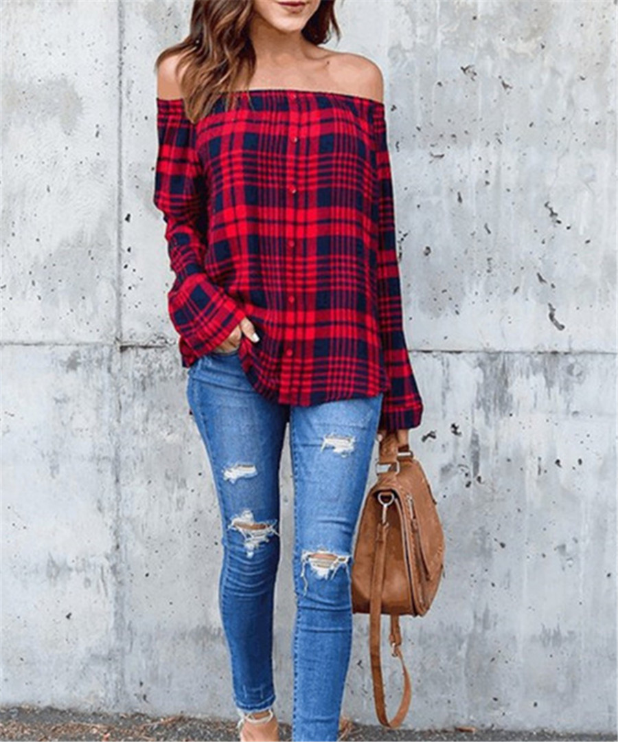Sexy One Shoulder Grid Long Sleeve Shirts3