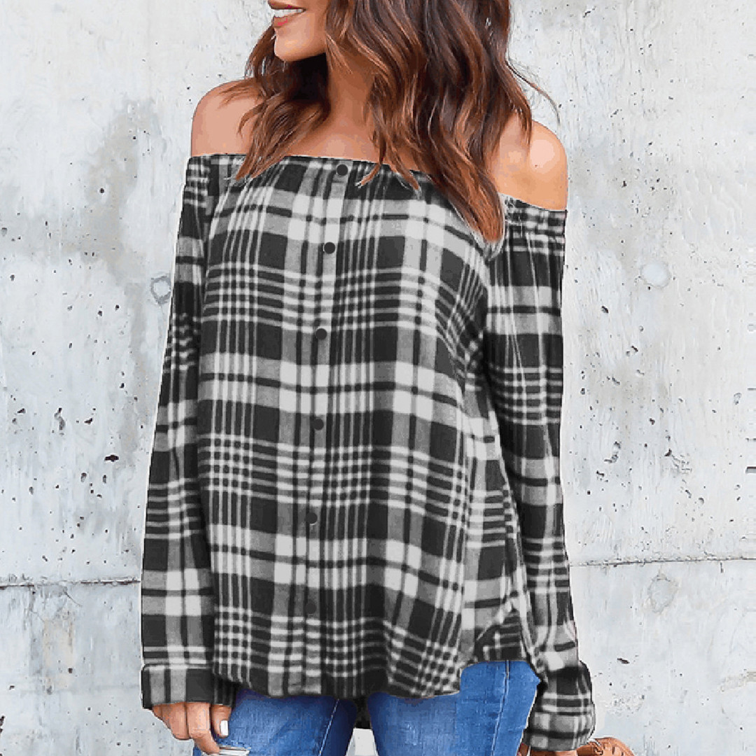 Sexy One Shoulder Grid Long Sleeve Shirts5