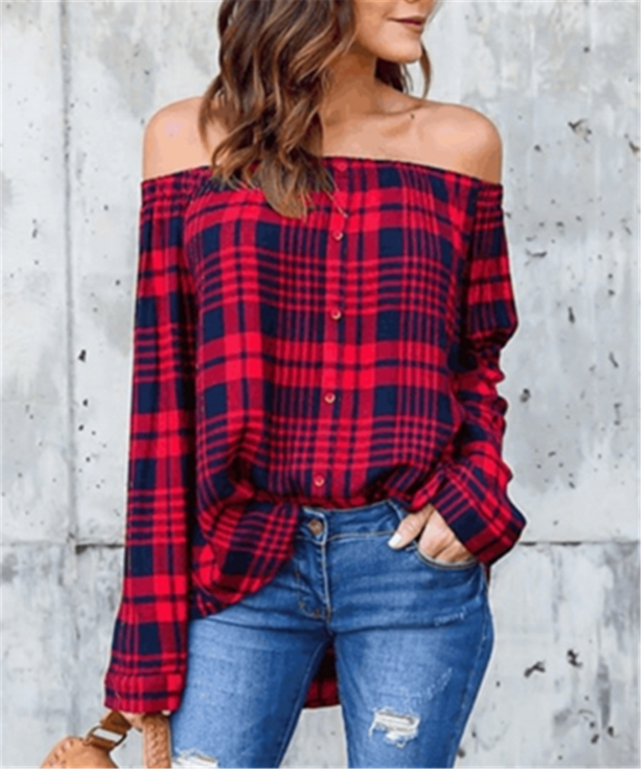 Sexy One Shoulder Grid Long Sleeve Shirts2