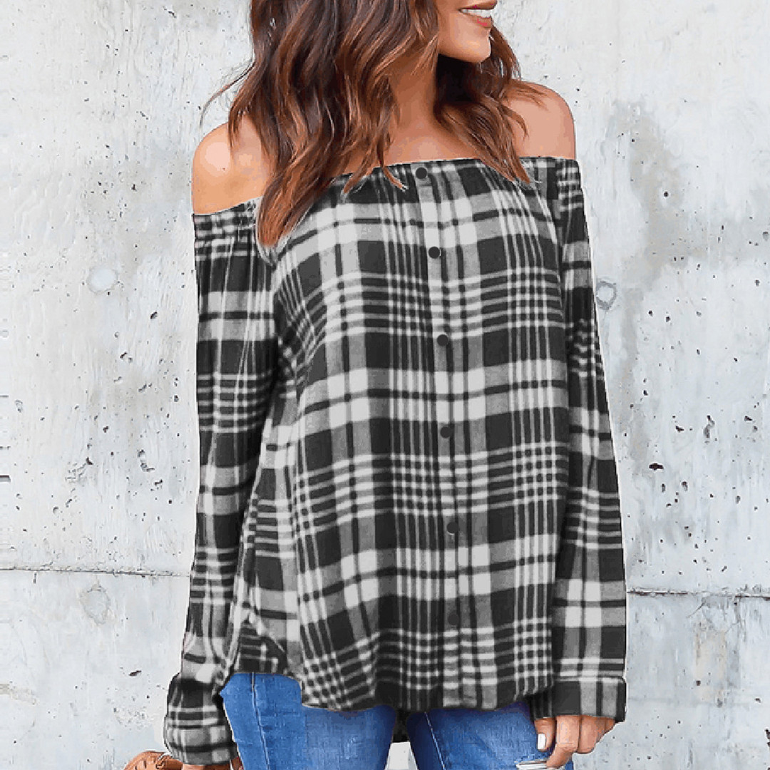 Sexy One Shoulder Grid Long Sleeve Shirts4