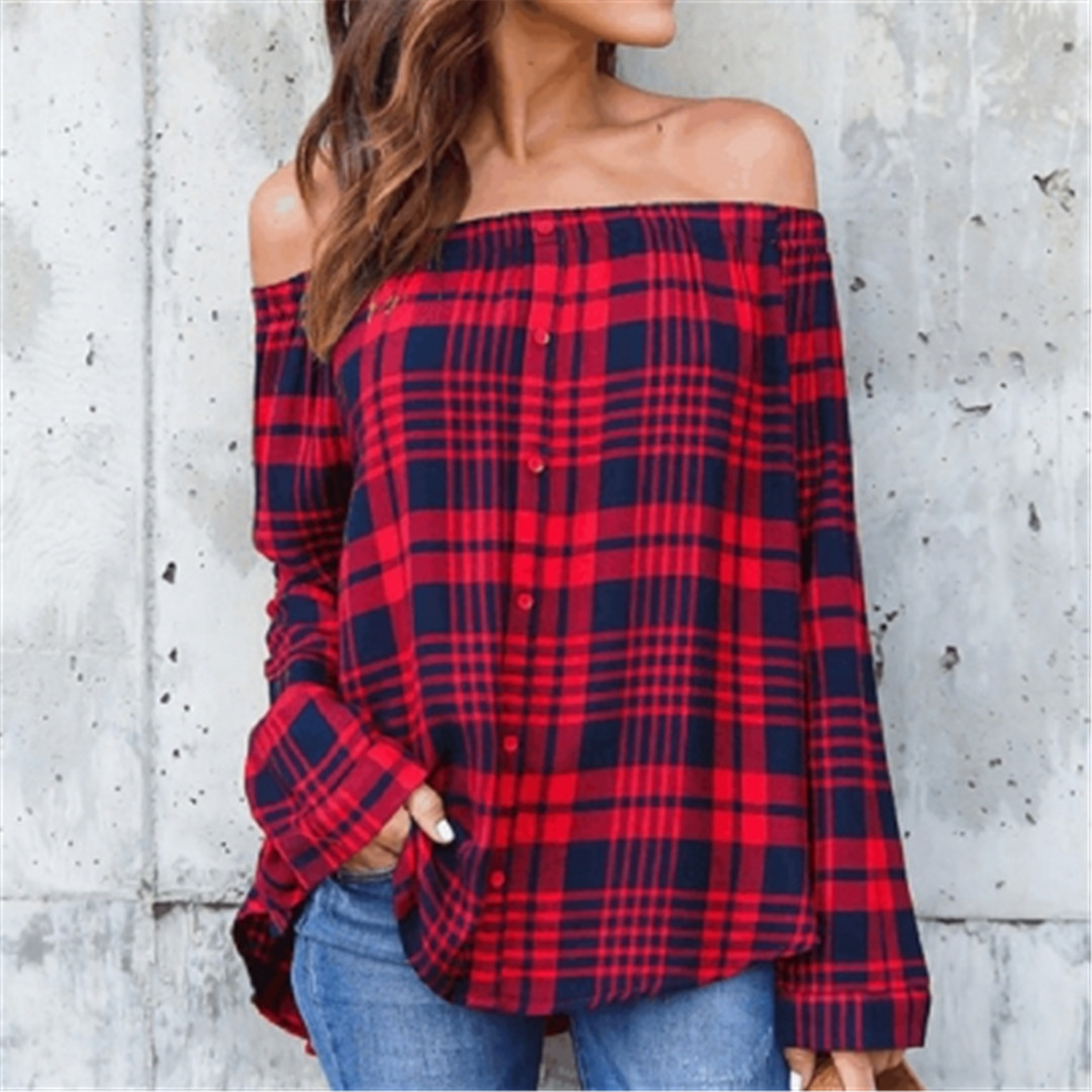 Sexy One Shoulder Grid Long Sleeve Shirts