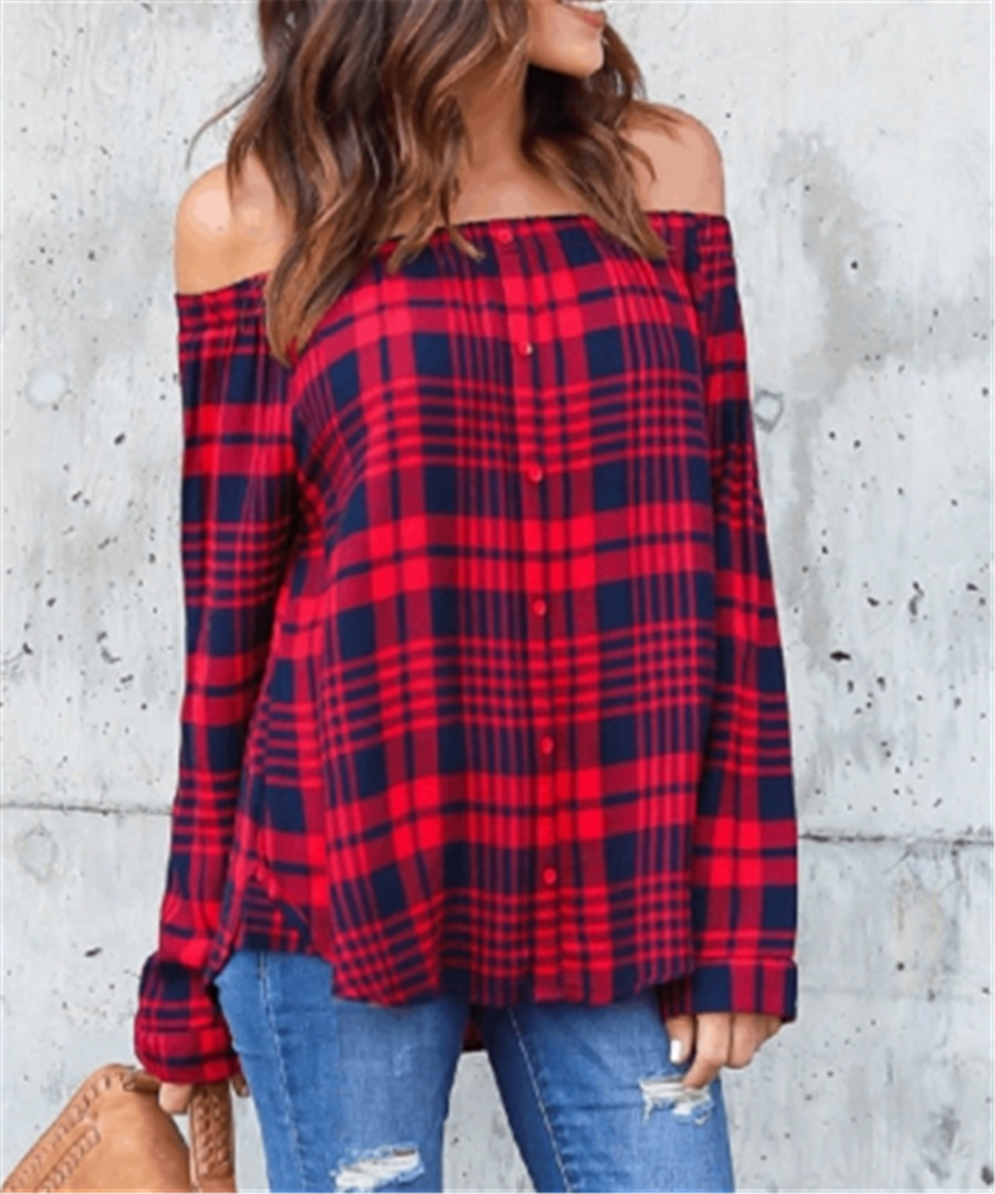 Sexy One Shoulder Grid Long Sleeve Shirts1