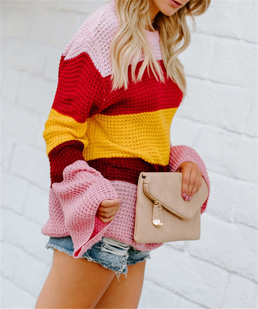 Fashion Rainbow Stitching Knit Circular Neck Sweater2