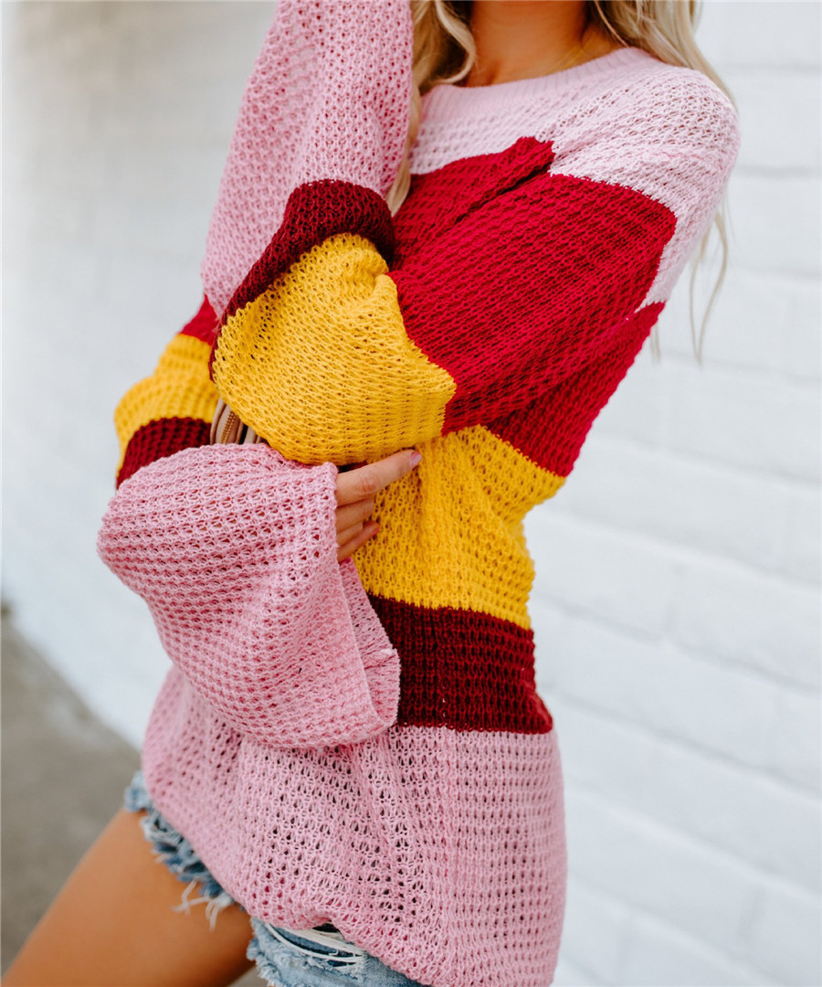 Fashion Rainbow Stitching Knit Circular Neck Sweater1
