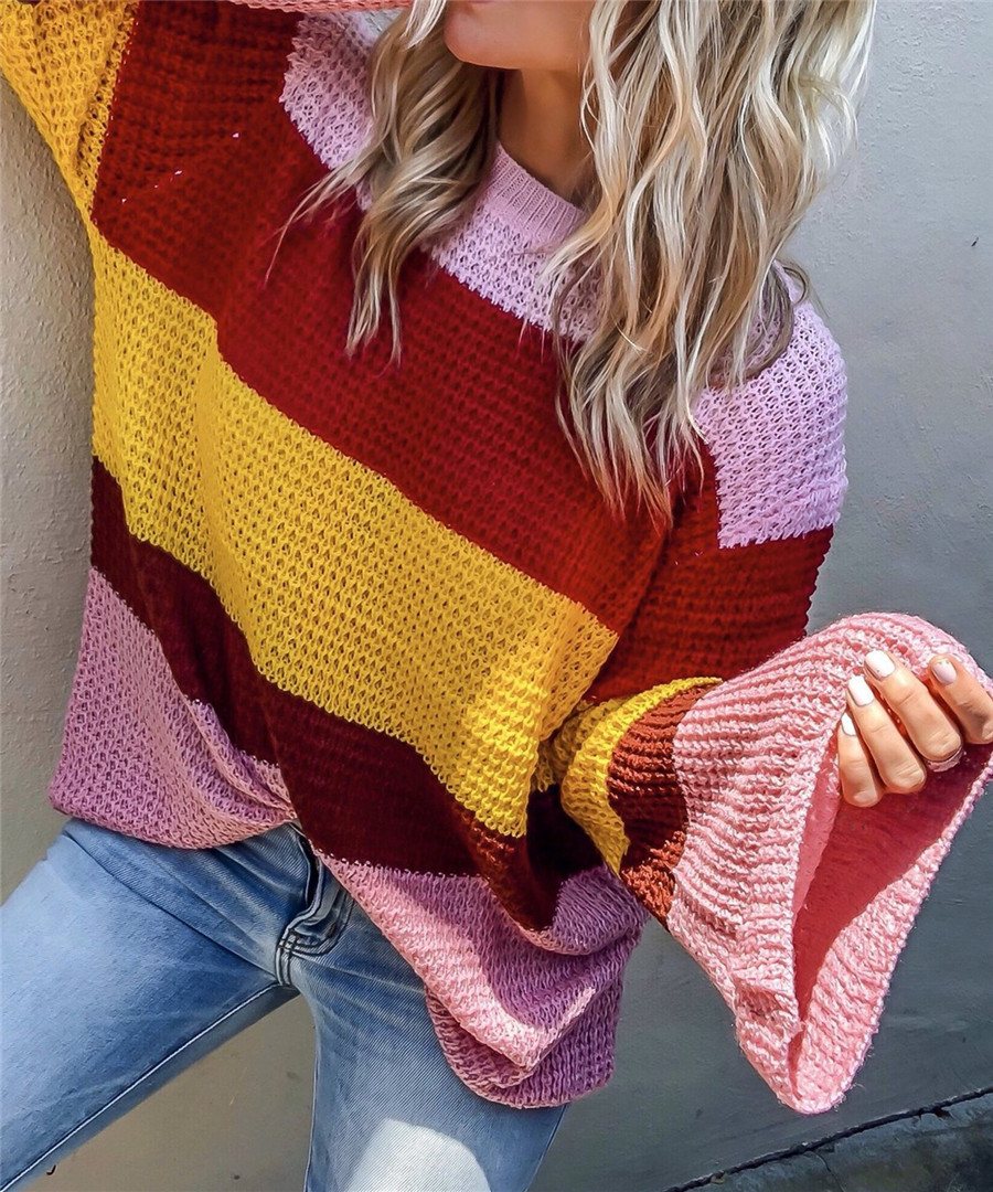 Fashion Rainbow Stitching Knit Circular Neck Sweater3