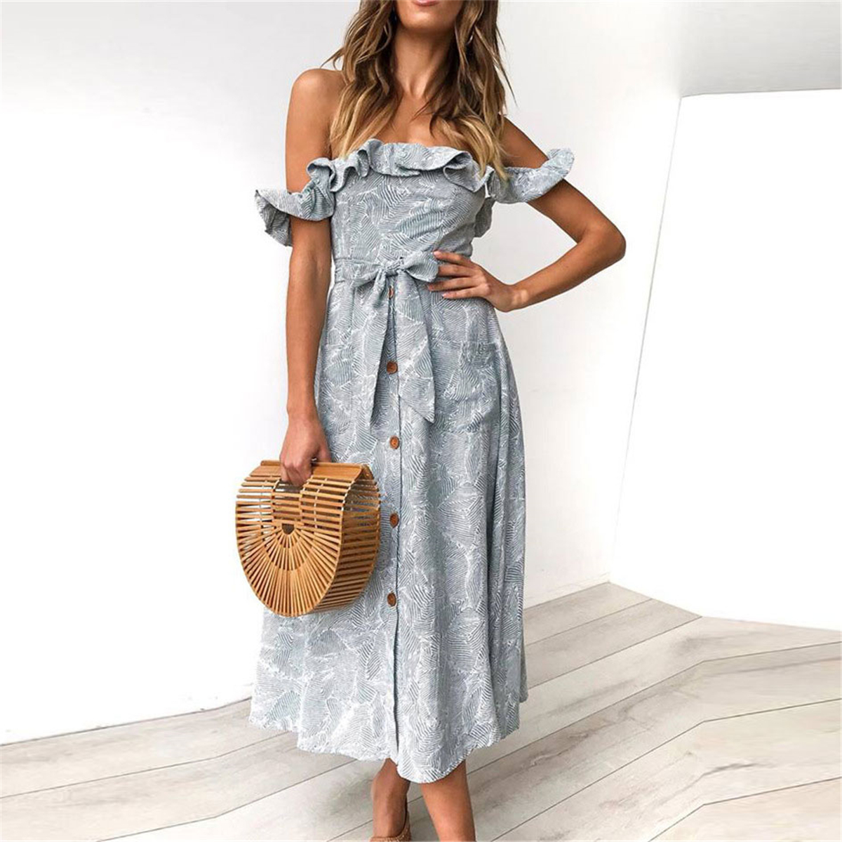 Fashion Floral Printed Flounce Button Vacation Dress1