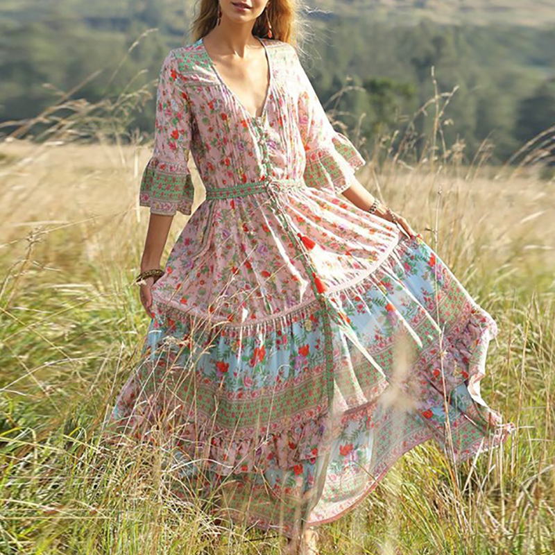 Koselip Bohemian Halflong Sleeve V Neck Printed Colour Maxi Dresses6