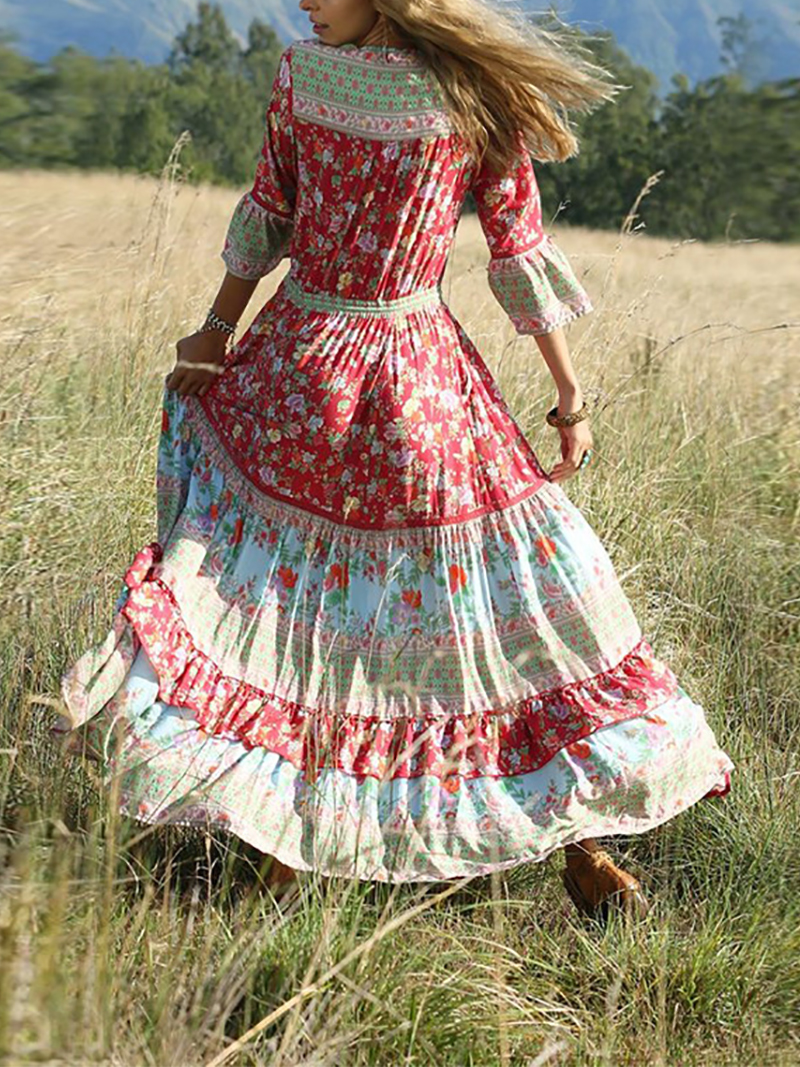 Koselip Bohemian Halflong Sleeve V Neck Printed Colour Maxi Dresses1