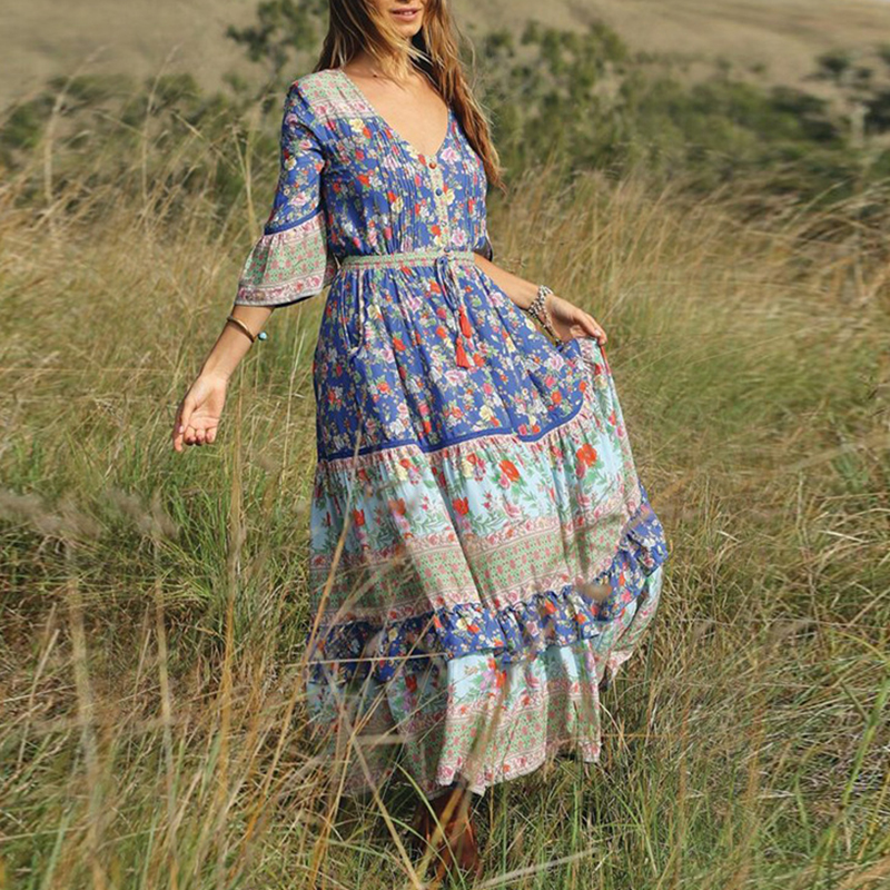 Koselip Bohemian Halflong Sleeve V Neck Printed Colour Maxi Dresses3