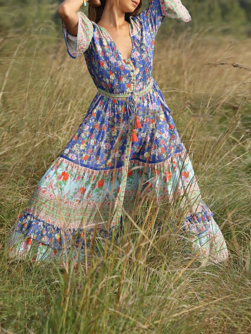 Koselip Bohemian Halflong Sleeve V Neck Printed Colour Maxi Dresses5