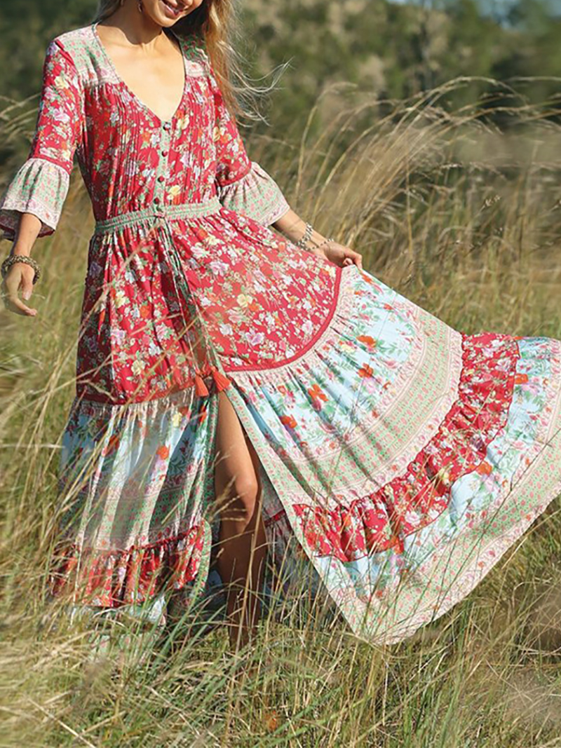 Koselip Bohemian Halflong Sleeve V Neck Printed Colour Maxi Dresses2