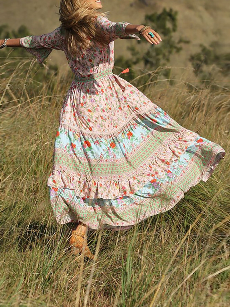 Koselip Bohemian Halflong Sleeve V Neck Printed Colour Maxi Dresses8