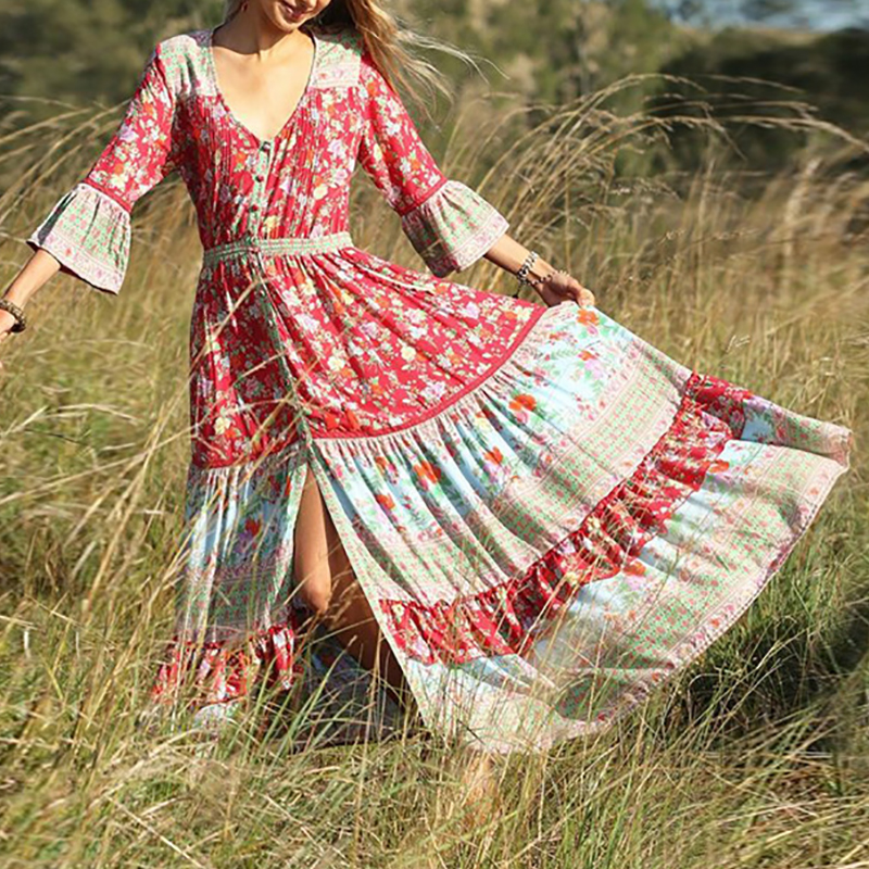 Koselip Bohemian Halflong Sleeve V Neck Printed Colour Maxi Dresses