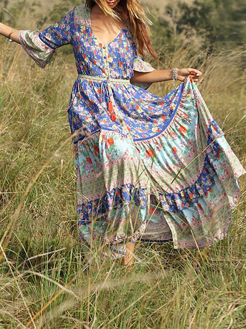 Koselip Bohemian Halflong Sleeve V Neck Printed Colour Maxi Dresses4
