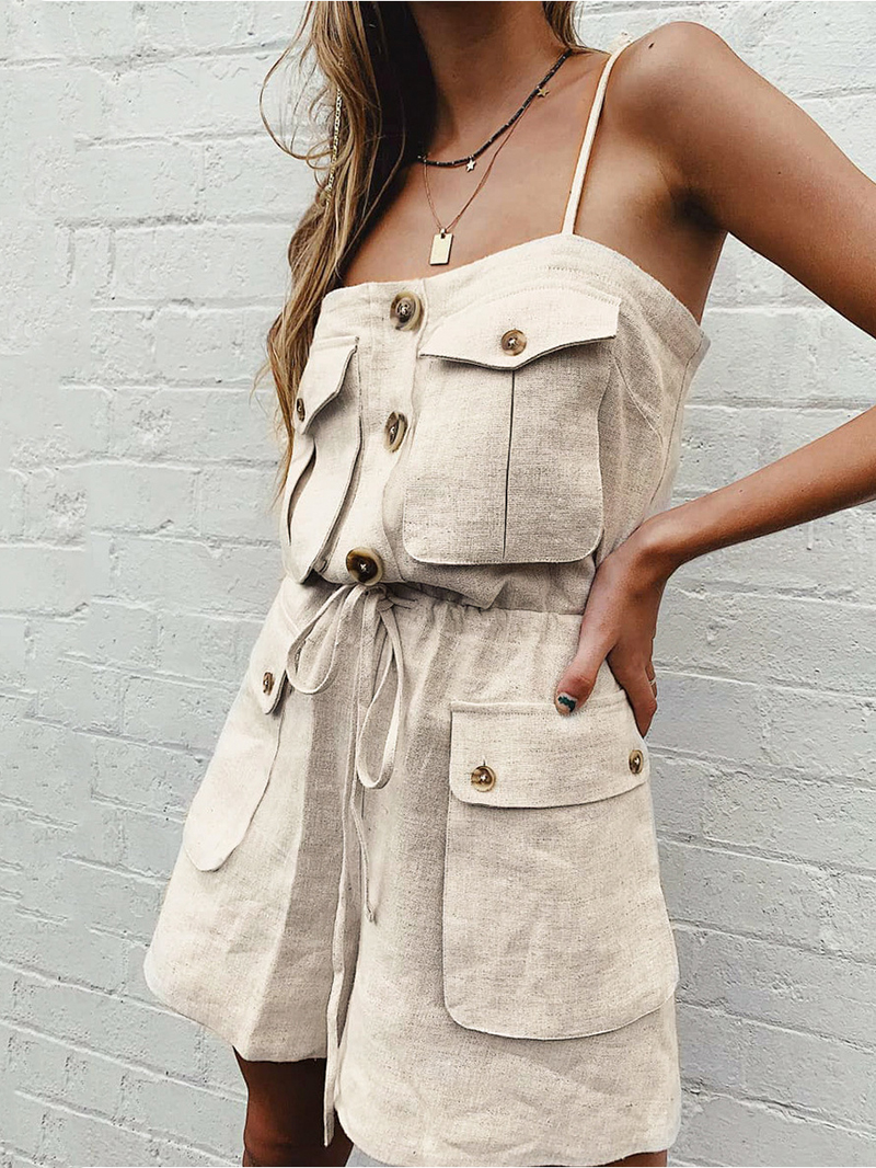 fashion pure colour sleeveless belted jumpsuits