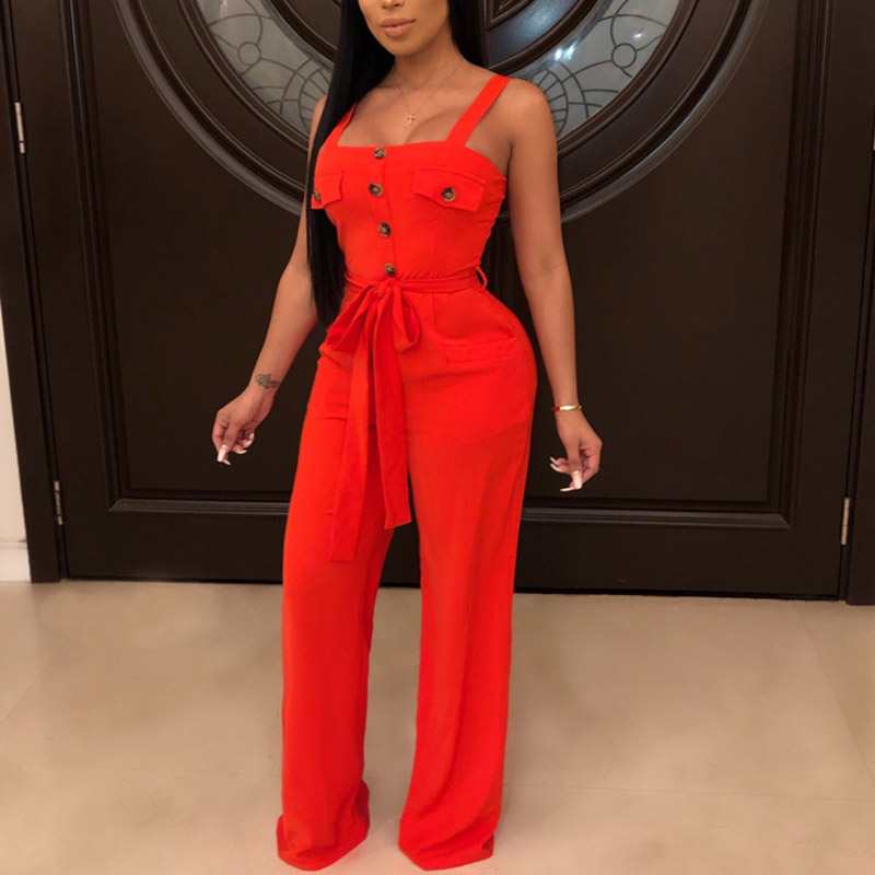 fashion pure colour sleeveless belted jumpsuits