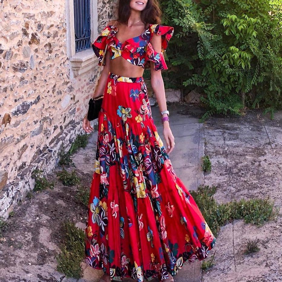 Fashion Off-Shoulder Pleated Printed Colour Suit