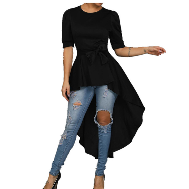 Fashionable Pure Color Middle Sleeve Irregular Long Top1