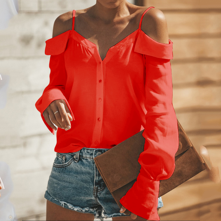 US 32.99 Sexy Off Shoulder Pure Color Long Sleeve Chiffon Strap Shirt