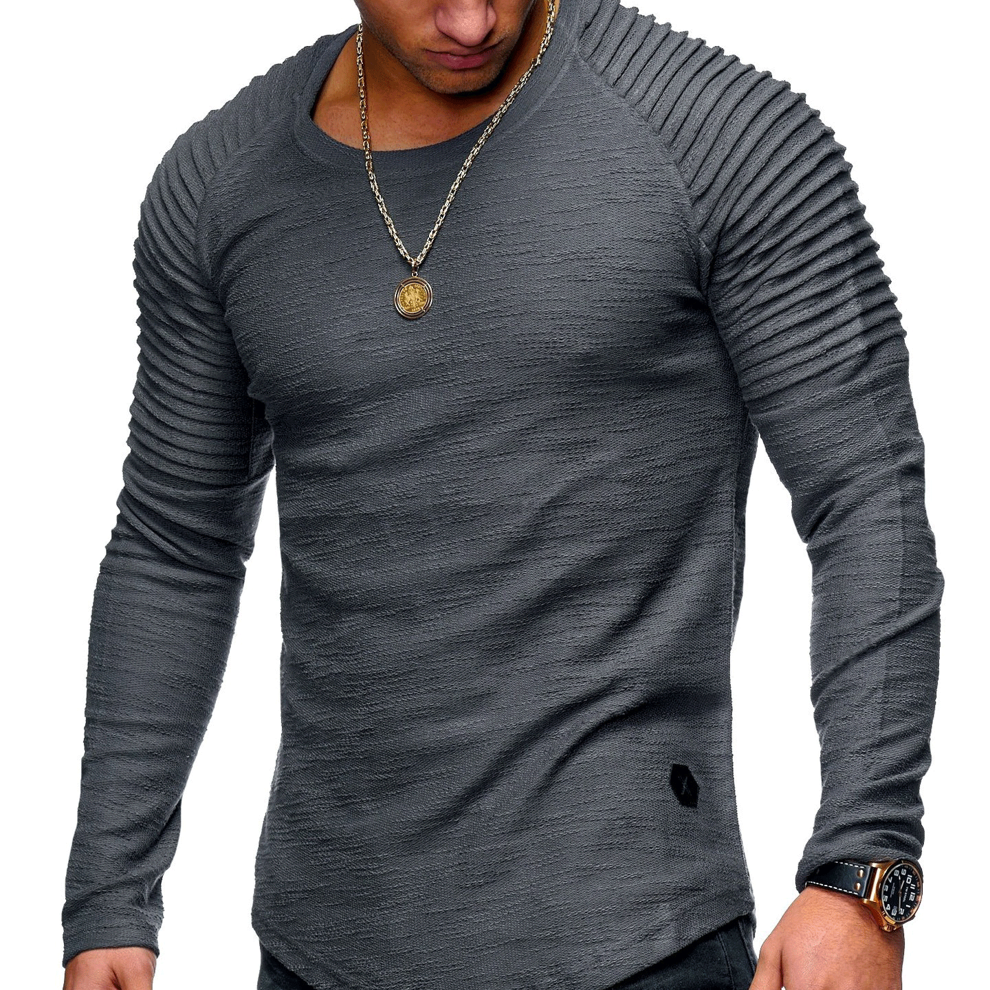 casual mens round collar thick slim fit tops shirts