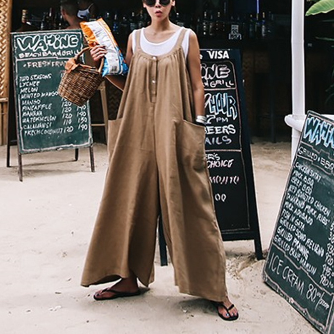 Loose Fitting Overall Plain Sleeveless Jumpsuits