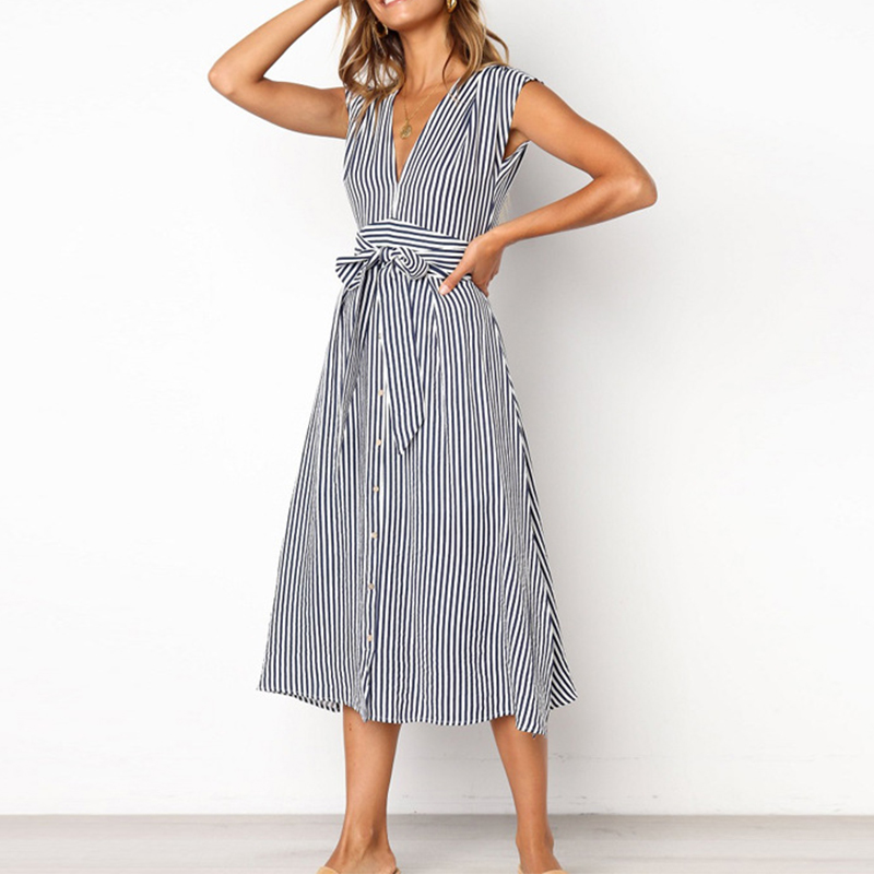 US$ 23.76 - V Neck Stripes Belt Maxi Dresses - www.ebuytide.com