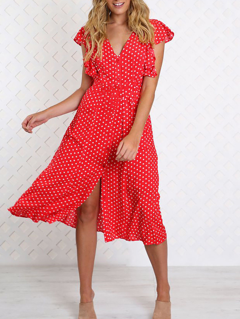 Casual V Neck Polka Dot Button Dress