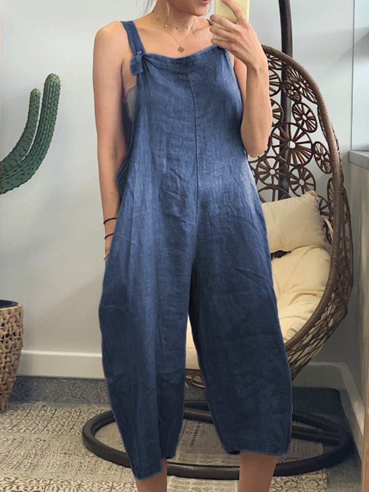 Linen Solid Women Jumpsuits With Pockets - zoyne.com